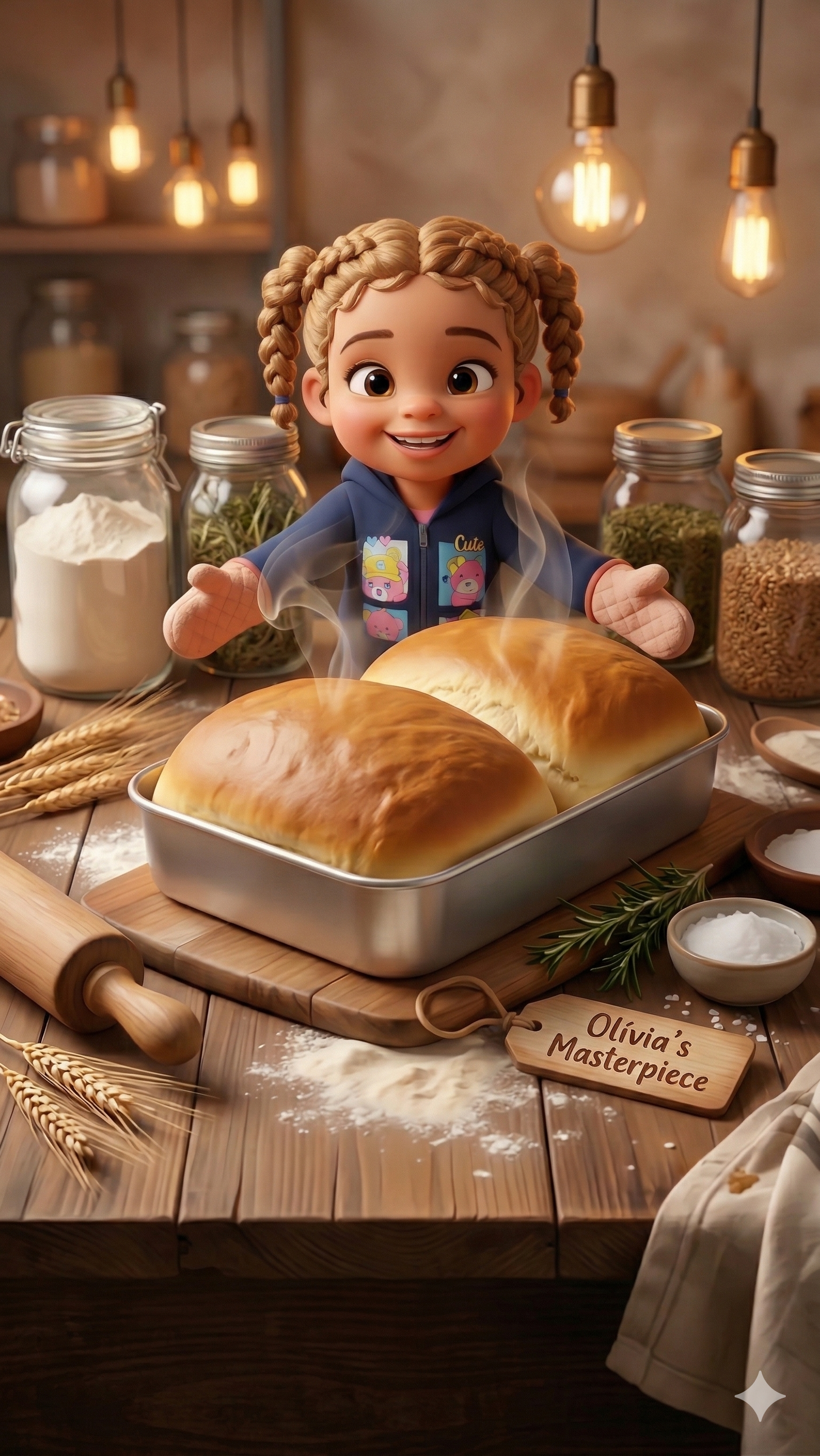 Olívia com pão saindo do forno